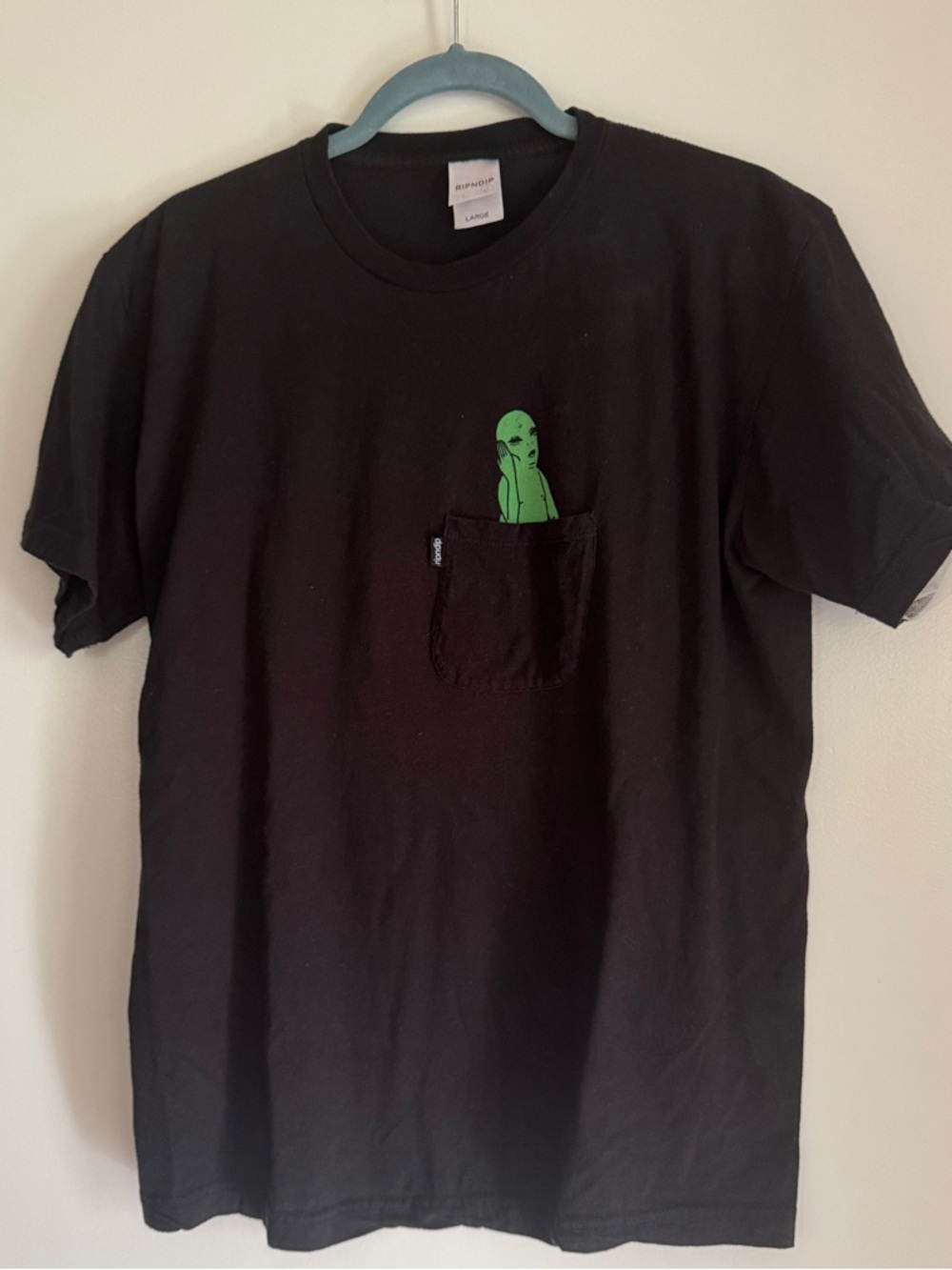Ripndip Black Tee with Neon Green Alien Pocket Art and Alien on the Back Men’s M